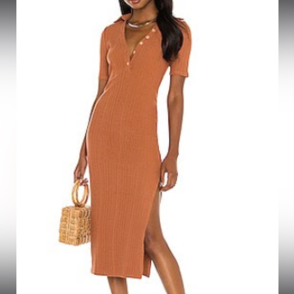 House of Harlow 1960 Orange Ribbed Bodycon Midi Dress
